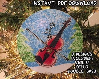 Printable Christmas Ornaments, Violin, Cello & Double Bass, DIY Christmas Decoration, Instant PDF Download, String Musician Xmas Decor