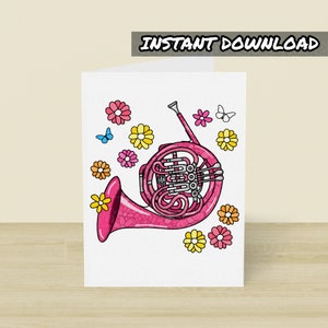 Carte de cor d'harmonie imprimable, carte de voeux de joueur de cor, téléchargement immédiat, carte de fête des mères musicienne, professeur de cor d'harmonie, musicien de cuivres
