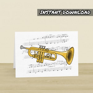 Printable Trumpet Card, Printable Greeting Card, Instant Download, Trumpet Birthday Card, Trumpeter, Trumpet Teacher, Brass Musician