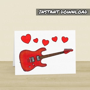 Afdrukbare gitaar Valentijnsdag kaart, afdrukbare kaart, direct downloaden, kaart elektrische gitarist, leraar elektrische gitaar, kaart bruiloft muzikant