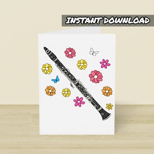 Tarjeta de clarinete imprimible, tarjeta de felicitación para clarinetistas, descarga instantánea, tarjeta para el día de la madre para músicos, tarjeta floral para clarinete, profesor de instrumentos de viento