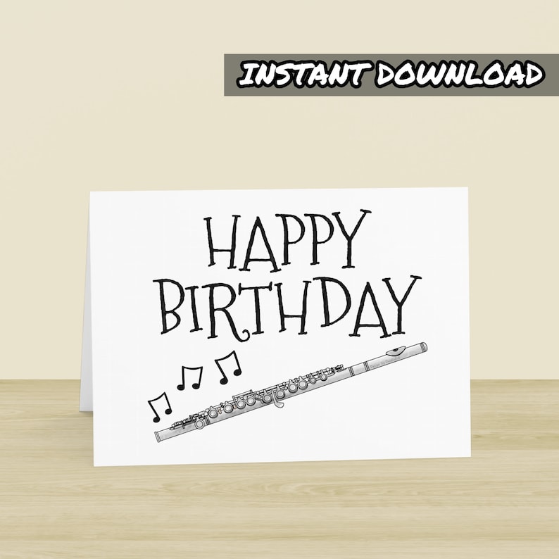 Printable Flute Birthday Card, Printable Greeting Card, Instant