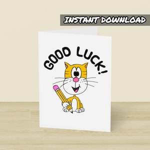 Carte porte-bonheur chat, carte de voeux imprimable, téléchargement immédiat, examens scolaires, carte d'examen GCSE, rentrée des classes, carte nouvel emploi