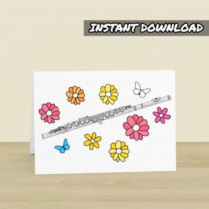 Carte imprimable pour flûte, carte de voeux pour flûtiste, téléchargement immédiat, carte de fête des mères musicienne, carte florale pour flûte traversière, professeur de flûte traversière, joueur des bois