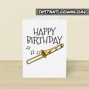 Cartão de aniversário de trombone para impressão, cartão de felicitações para impressão, download instantâneo, cartão de aniversário de trombonista, professor de trombone, cartão de músico de sopro