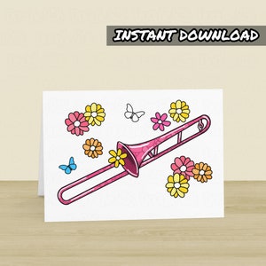 Cartão de trombone para impressão, cartão de felicitações para trombonista, download instantâneo, cartão de dia das mães para músico, cartão de trombonista floral, professor de metais