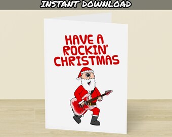 Funny Santa Hat Guitar Headstock Deck The Halls Christmas Card For Guitarist Guitar Player Novelty Xmas Greeting Card Choose Size A6 Or A5