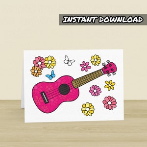 Tarjeta de ukelele imprimible, tarjeta de felicitación de ukeleleista, descarga instantánea, tarjeta del Día de la Madre para músicos, tarjeta de ukelele para profesores, tarjeta de ukelele para niñas