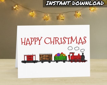 Printable Train Christmas Card, Printable Xmas Card, Instant Download, Steam Train Xmas Card, Railroad Holiday Card, Boys Christmas Card