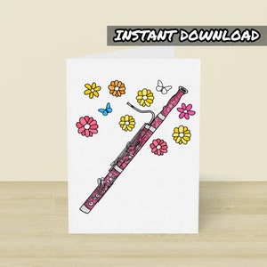 Druckbare Fagott Karte, Fagottist Grußkarte, Sofort Download, Musiker Muttertagskarte, Floral Fagott Karte, Lehrer für Holzbläser