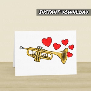 Tarjeta de San Valentín para trompeta imprimible, tarjeta imprimible, descarga instantánea, tarjeta de trompetista, profesor de trompeta, músico de viento, tarjeta de músico de bodas