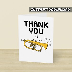 Cartão de agradecimento para flugelhorn, cartão de felicitações para impressão, download instantâneo, cartão para trompista, professor de trompa, professor de música, professor de escola