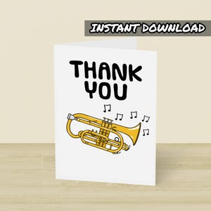 Cartão de agradecimento para corneta, cartão de felicitações para impressão, download instantâneo, cartão de cornetista, professor de corneta, professor de música, professor de escola