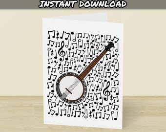 Printable Banjo Card, Instant Download, Banjoist Birthday Card, Music Teacher, Folk Musician
