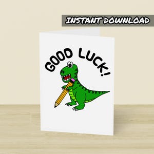 Biglietto di auguri di dinosauro, biglietto di auguri stampabile, download immediato, esami scolastici, biglietto d'esame GCSE, ritorno a scuola, nuovo biglietto di lavoro, divertente T-Rex