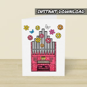Cartão de órgão de igreja para impressão, cartão de felicitações de organista, download instantâneo, cartão de dia das mães de músico, professor de órgão, cartão de organista de igreja