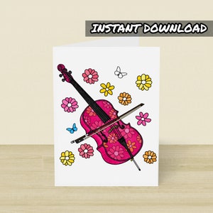 Cartão de violoncelo para impressão, cartão de felicitações para impressão, download instantâneo, violoncelo floral, cartão de dia das mães de músico, cartão de violoncelista, professor de violoncelo