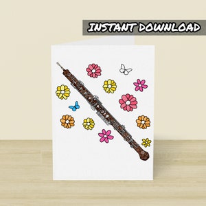 Tarjeta de oboe imprimible, tarjeta de felicitación de oboísta, descarga instantánea, tarjeta del Día de la Madre para músicos, tarjeta de oboe con flores, tarjeta de oboe para profesores de instrumentos de viento, tarjeta de oboe para niñas