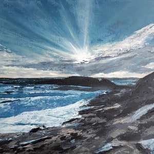 May include: An oil painting of a coastal scene, featuring a sunburst breaking through a cloudy sky. The ocean waves crash against a rocky shore, painted in shades of blue, grey, and white. The artwork evokes a sense of serenity and natural beauty.