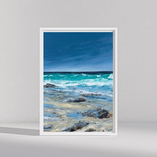 Cornwall beach print, beach print, Cornwall ocean, blue ocean, seascape print, seascapes, coastal art, coastal decor, modern decor