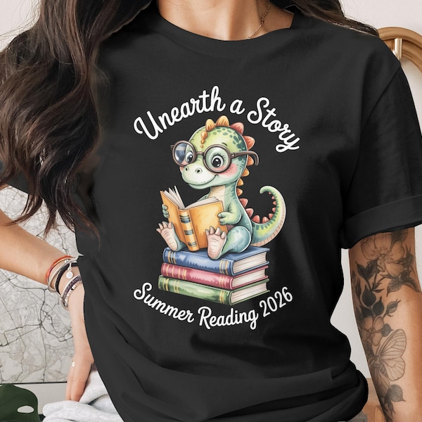 Dinosaur Summer Reading 2026 T-Shirt, Sweatshirt, Hoodie, Tank Top, Book Lover, Unisex, Teacher Gift, Student, Cute Dino Design