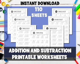 Addition & Subtraction Worksheets | 110 Math Tests with Answers | Single, Double, and Triple-Digit Questions | Instant Download | Printable