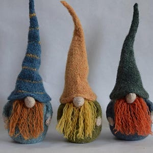 May include: Three knitted gnome figures with tall, pointed hats and long beards. The gnomes have blue, orange, and green hats, with matching bodies and orange, yellow, and red beards. Each gnome has a small, round nose.
