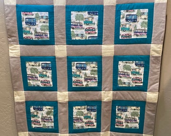 Handmade Camper print Flannel Throw Blanket Quilt 49" X 65"
