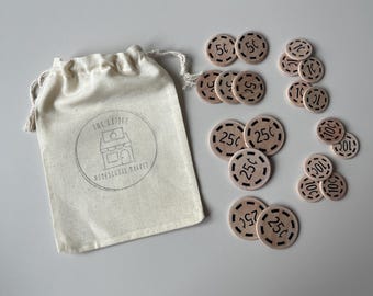 Children’s Play Money Store Coins Wood Multi-Size Hand