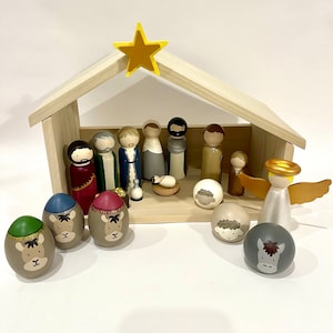 Nativity Set, Nativity Peg Doll Set,  Christmas Story Christmas Decor Childrens Christmas gift Baby in a manger Stable