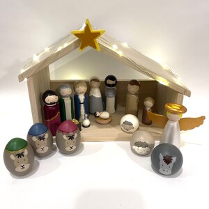 Nativity Set  Nativity Peg Doll Set Christmas Story Christmas Décor Children&#39;s gift Baby in a manger Stable with lights