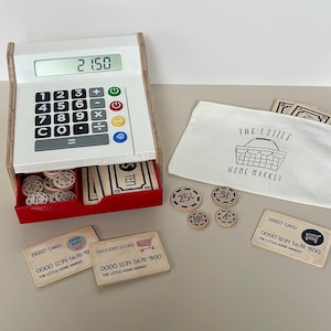 Caja registradora de juguete Caja registradora de madera Caja registradora de juego de simulación para niños Dinero de madera Tarjeta de débito de madera Monedas de madera Tienda para niños Tienda de juegos