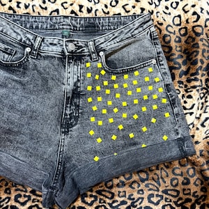 Neon Studded Cuffed Denim Shorts | Rock N Roll Style