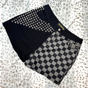 Checkerboard Studded Denim Shorts | Rock N Roll Style