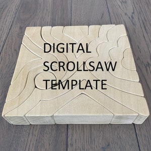 May include: A wooden scroll saw template with a complex design. The template is made of light brown wood and has the text "DIGITAL SCROLLSAW TEMPLATE" printed on it.