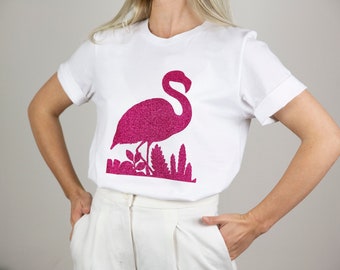 Women White FLAMINGO Glitter Graphic Tees, Tshirt for women, Women Tshirts, FLAMINGO Tshirt, Tshirt with FLAMINGO print, Handmade top