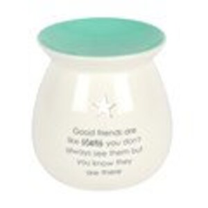 May include: White ceramic wax melt warmer with a teal lid. The warmer has a leaf design and the text "Good friends are like stars, you don't always see them but you know they are there".
