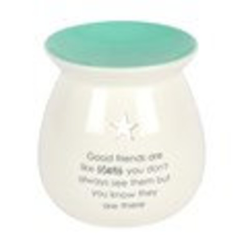 May include: White ceramic wax melt warmer with a teal lid. The warmer has a leaf design and the text "Good friends are like stars, you don't always see them but you know they are there".