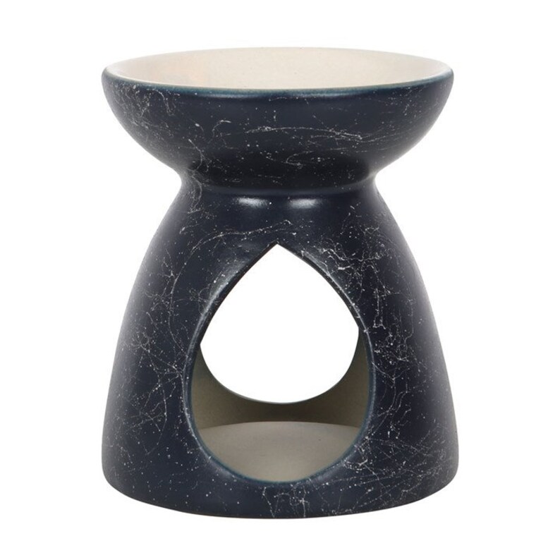 May include: A dark blue ceramic oil burner with a white glaze and a teardrop-shaped opening. The burner has a distressed finish.