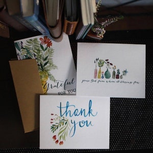 Assorted Greeting Card Pack | Set of 4 with Envelopes, Hand-painted Watercolor, Calligraphy, Thank You, Encouragement, Miss You
