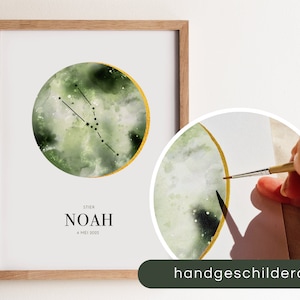 Maanposter geboortecadeau, gepersonaliseerd kraamcadeau sterrenbeeld, handgemaakt kinderkamer cadeau, maan en sterrenbeeld illustratie