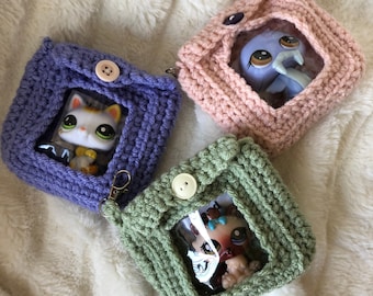 The Take-a-long Keychain Spring Colors- Windowed Clip-on Keychain to Take Your Favorite Toys and Collectibles on The Go (Handmade Crocheted)