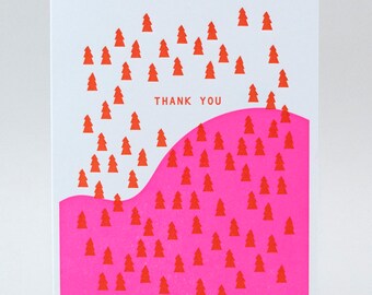 Red Forest Neon Pink Slope Thank You Greeting Card, Letterpress Printed