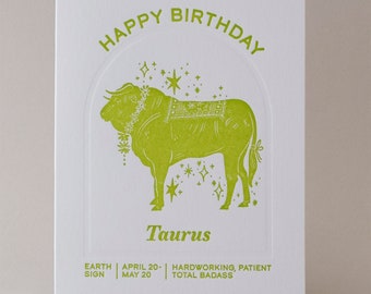 Taurus Happy Birthday Zodiac Greeting Card, Letterpress Printed