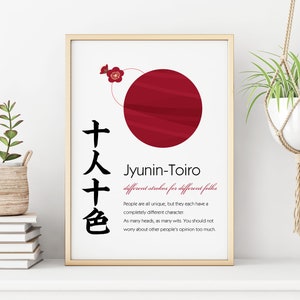 Japanese wall art Kanji print, four-character idioms, 十人十色, jyunin-toiro, Japanese Wabi-Sabi gifts, gift for him, Ship from USA