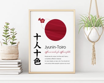 Arte de pared japonés Impresión Kanji, modismos de cuatro caracteres, 十人十色, jyunin-toiro, regalos japoneses Wabi-Sabi, regalo para él, Barco de EE.UU.