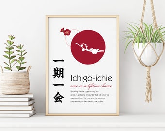 Arte de pared japonés Impresión Kanji, modismos de cuatro caracteres, 一期一会, ichigo-ichie, regalos japoneses Wabi-Sabi, regalo para él, Barco de EE.UU.