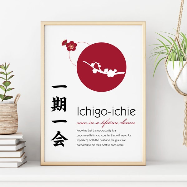 Art mural japonais Kanji estampe, idiomes à quatre caractères, 一期一会, ichigo-ichie, cadeaux japonais Wabi-Sabi, cadeau pour lui, Navire des États-Unis