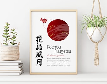 Arte mural japonés con impresión kanji, modismos de cuatro caracteres, 花鳥風月, kachou-huugetsu, regalos japoneses Wabi-Sabi, regalo para él, envío desde EE. UU.