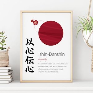 Japanese wall art Kanji print, four-character idioms, 以心伝心, ishin-denshin, Japanese Wabi-Sabi gifts, gift for him, Ship from USA